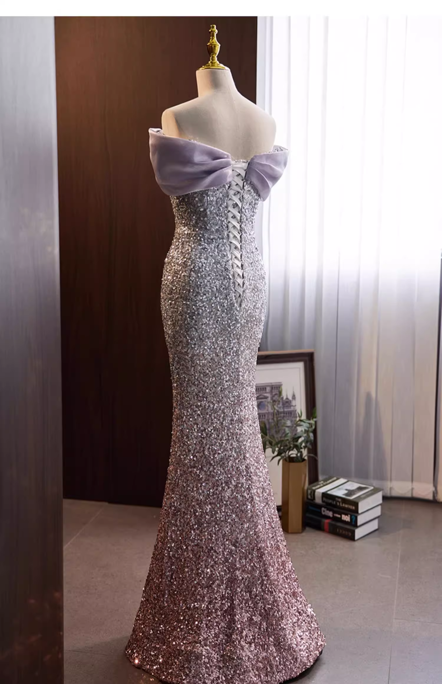 Vintage Lavender to Silver Ombre Sequin Mermaid Off-Shoulder Evening Gown TP5469