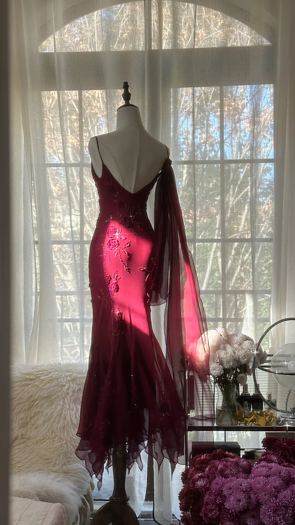 Elegant Burgundy Spaghetti Strap Gorgeous Beaded Sparkling Chiffon Evening Dress Prom Dres TP3973