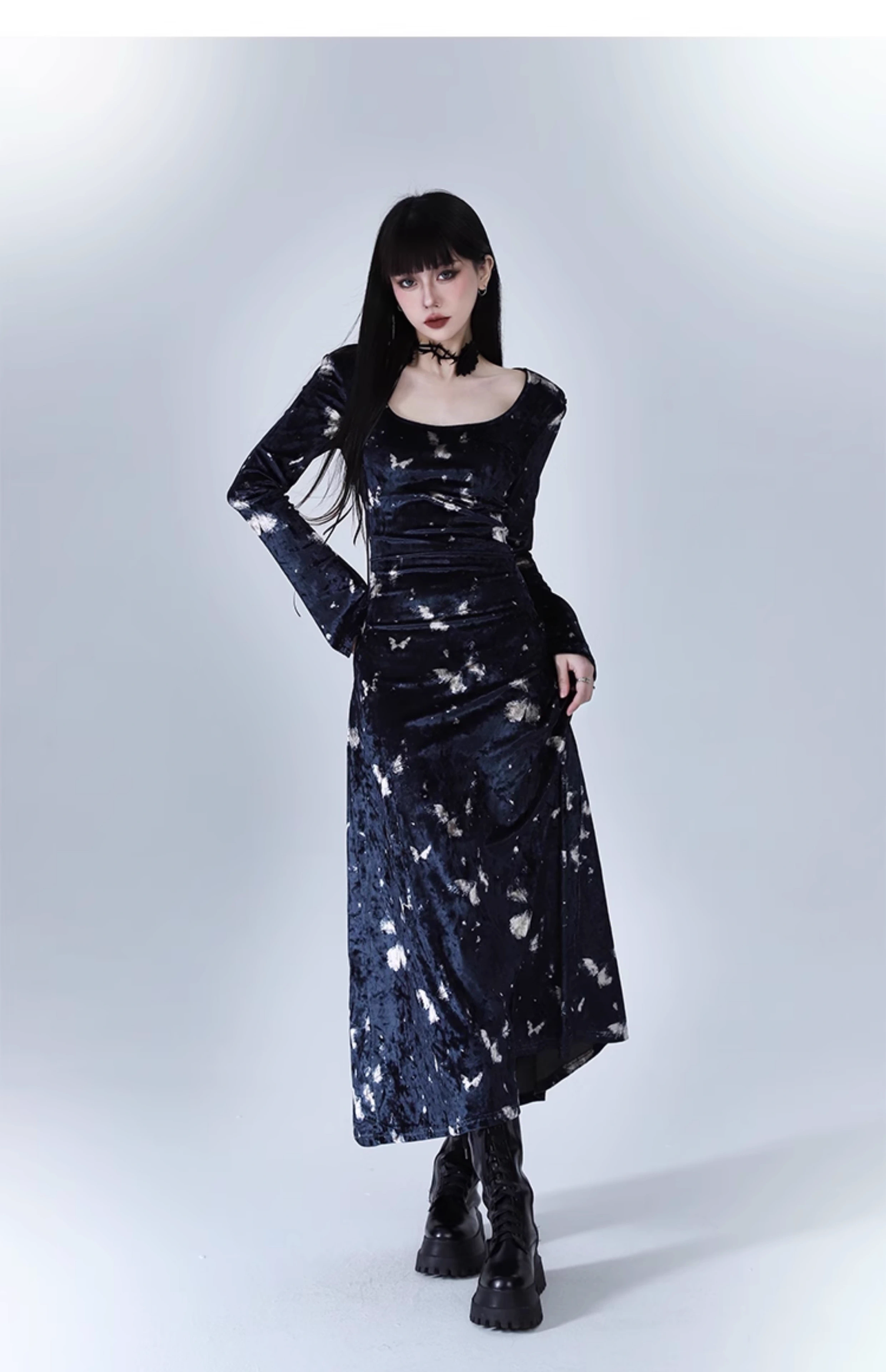 New Fashion Butterfly Pattern Design Sense Navy Blue Long-sleeved Dress TP2939