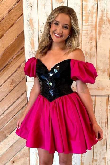 Fuchsia Off the Shoulder Black Mirror Glass A-line Princess Dress