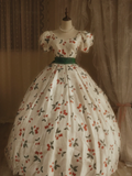 Cute Cherry Print Puff-Sleeve Green Back Bow Train Sweet 15 Quinceanera Ball Gown TP5509