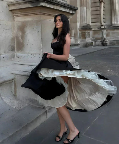 Black and White Princess Cute and Elegant A-line Spaghetti Straps Long Satin Tulle Party Dress Evening Dress Prom Dress Homecoming Dress gh4196