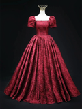Vintage Square Neck Wine Red Prom Gown Short Sleeves Evening Party Gowns
