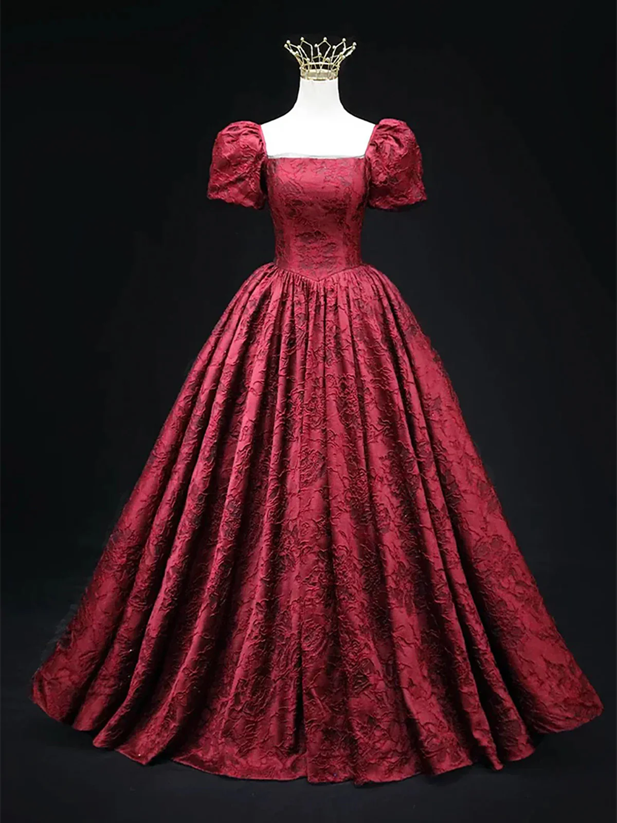 Vintage Square Neck Wine Red Prom Gown Short Sleeves Evening Party Gowns