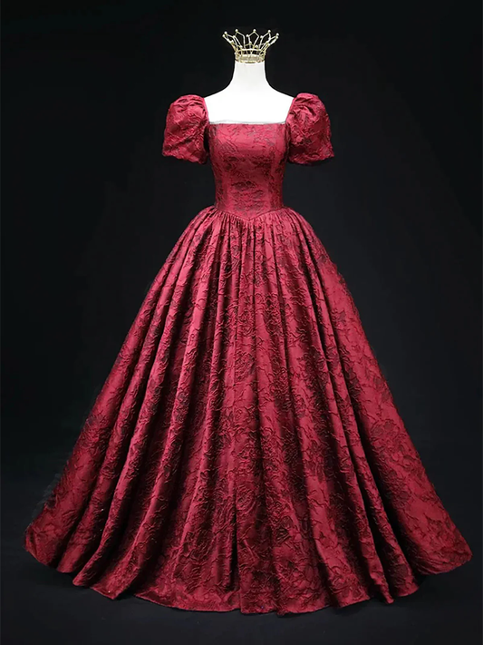 Vintage Square Neck Wine Red Prom Gown Short Sleeves Evening Party Gowns