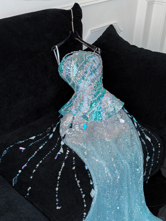 Gorgeous Sparkling Blue Sequin Beaded Mermaid Elegant Chiffon Evening Dress Prom Dresses TP4154
