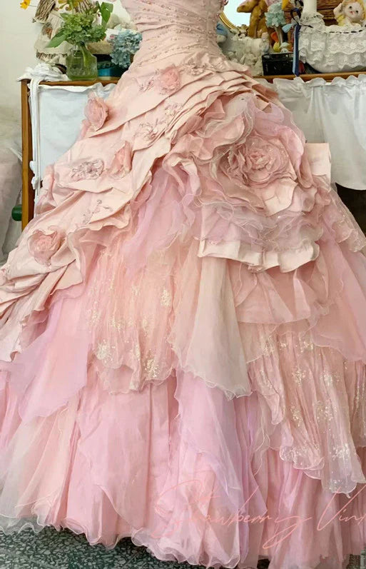 Elegant Pink 3D Flower Sweet 16 Quinceanera A-Line Floor-length Birthday Dress Ball Gown TP4421