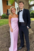 Ruched Strapless Pink Long Party Dress Fitted Maxi Dresses