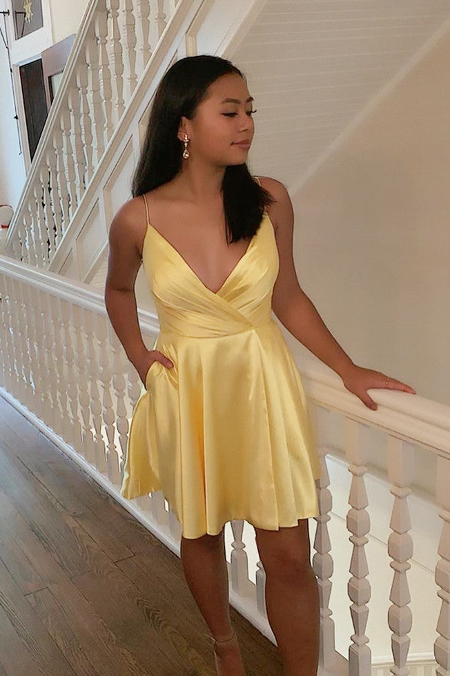 Spaghetti Straps Satin Homecoming Dresses,Mini Prom Dress
