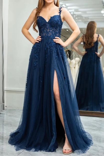 Dark Navy Sweetheart Lace Appliques Tulle A-line Prom Dress