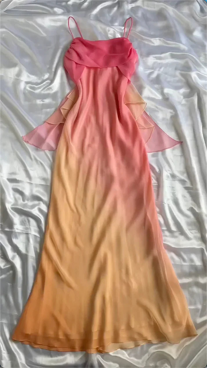 orange fashion gradient elegant spaghetti strap long chiffon prom dress evening dress party dress gh3608