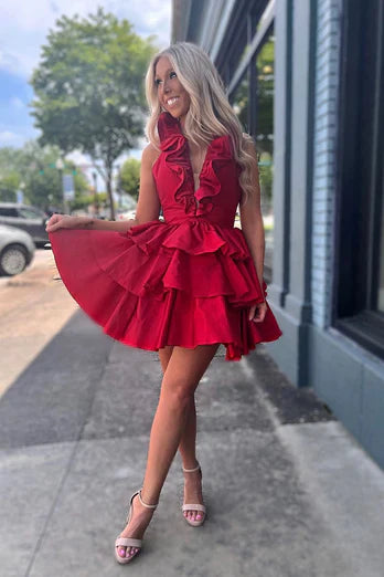Low V-Neck Ruffled Halter Satin A-Line Tiered Homecoming Dress