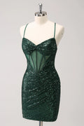 Vintage Dark Green Sequined Design A-line Spaghetti Strap Homecoming Dress TP3454