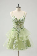 Vintage Mint Green Floral Embroidery Design A-line Spaghetti Strap Homecoming Dress TP3407