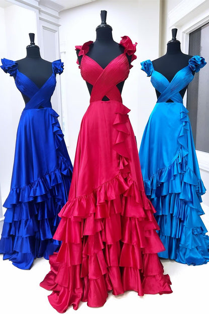 Crossed Top Ruffled Layers Long Prom Dress with Slit