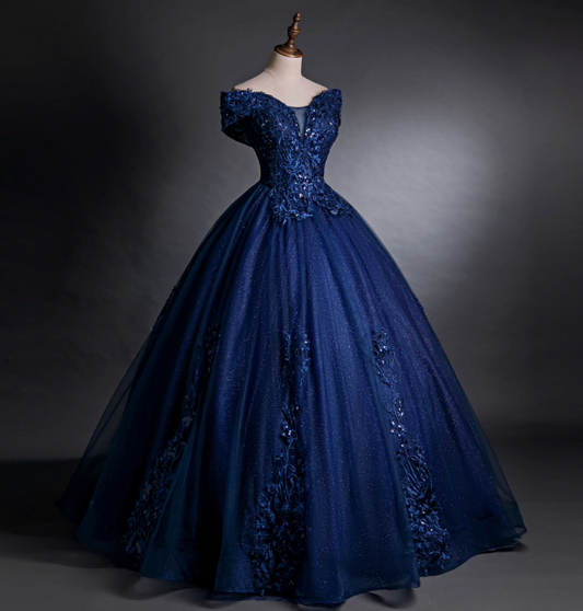 Luxurious Court Navy Blue One-Shoulder Embroidered Sequin Tulle Ball Gown Evening Dress Sweet 16 Dress P4407