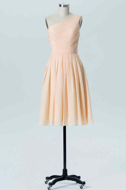 Pearl Pink A-line One Shoulder Pleated Chiffon Mini Bridesmaid Dress