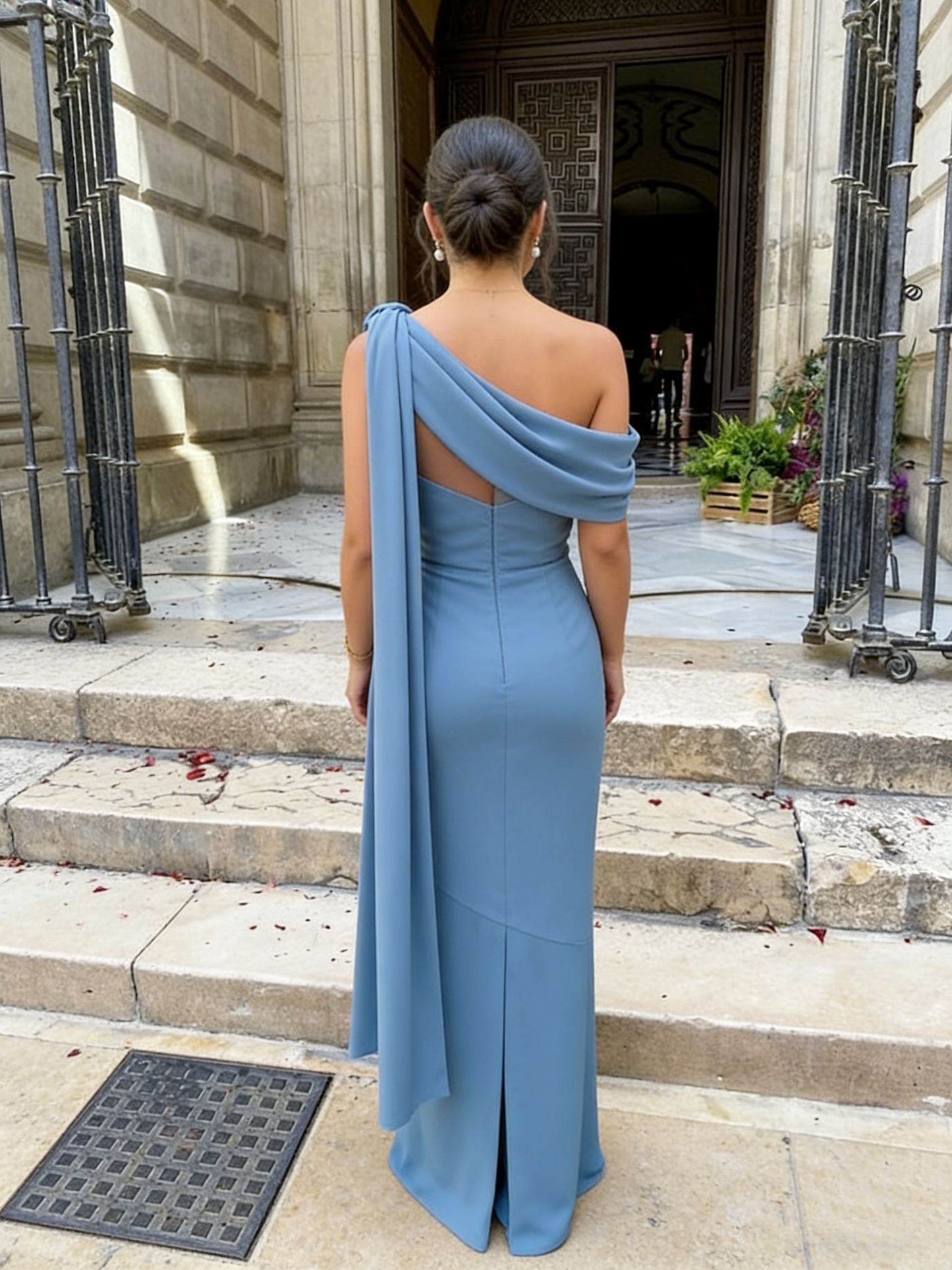 Simple Sheath One Shoulder Blue Long Prom Dresses Evening Dress P2002