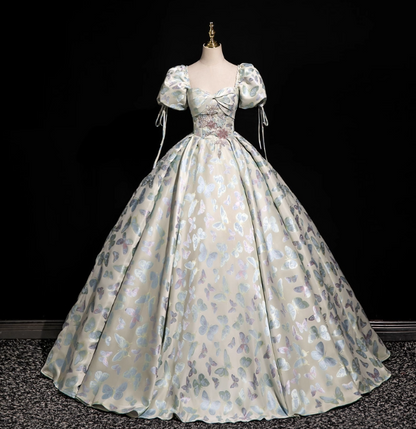 Dreamy Butterfly Jacquard Square Neck Puff Sleeve Satin Long Ball Gown Evening Dress Sweet 16 Dress P4417