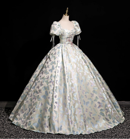 Dreamy Butterfly Jacquard Square Neck Puff Sleeve Satin Long Ball Gown Evening Dress Sweet 16 Dress P4417