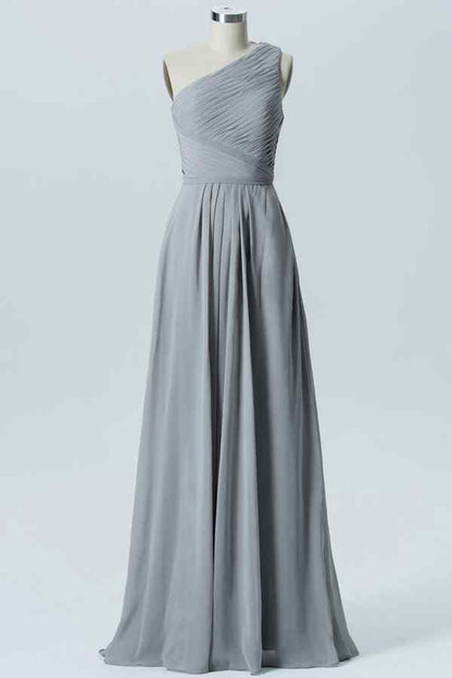 Dusty Lavender A-line One Shoulder Pleated Chiffon Long Bridesmaid Dress