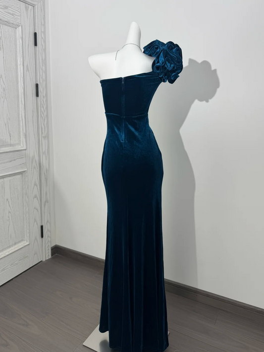 Peacock Blue One-Shoulder Fitted Waist Slim Bodycon Sexy Prom & Evening Dress gh7228