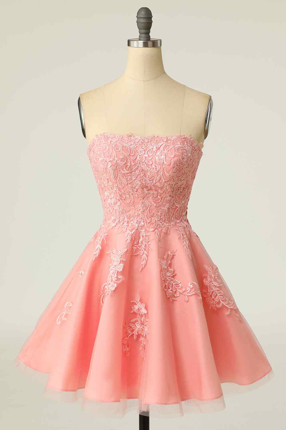 Pink A-line Strapless Lace-Up Back Applique Tulle Mini Homecoming Dress