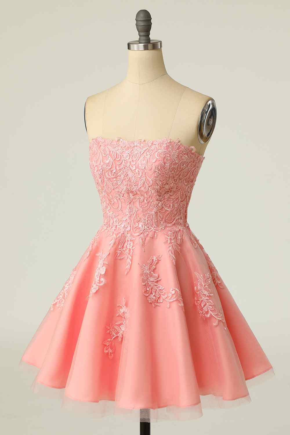 Pink A-line Strapless Lace-Up Back Applique Tulle Mini Homecoming Dress