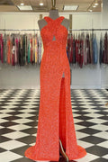 Fitted Criss Coss Neck Orange Prom Dress with Slit,Formal Dress with Sequins