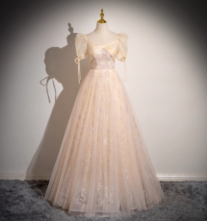 Princess Light Champagne Square Neck Puff Sleeve Bow Tulle Long Ball Gown Evening Dress Sweet 16 Dress P4424