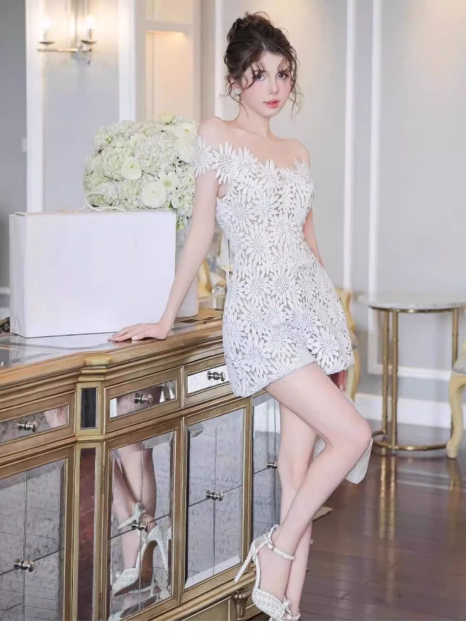 Cute White Appliqued Off-the-shoulder Design A-line Party Dress Homecoming Dress TP3849