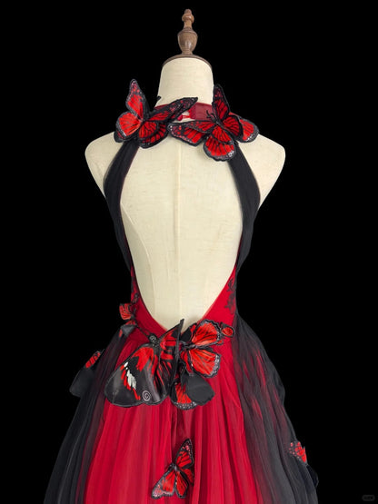 Girlhomeshops-Red black gradient retro fashion butterfly fairy exquisite long backless evening dress tulle prom dress gh5355