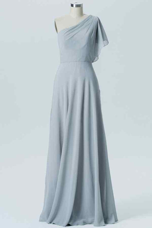 Dusty Lavender A-line One Flowing Shoulder Pleated Chiffon Long Bridesmaid Dress