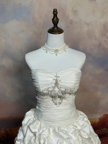 girlhomeshops-White, Delicately Beaded Long Satin Wedding Dress gh6291