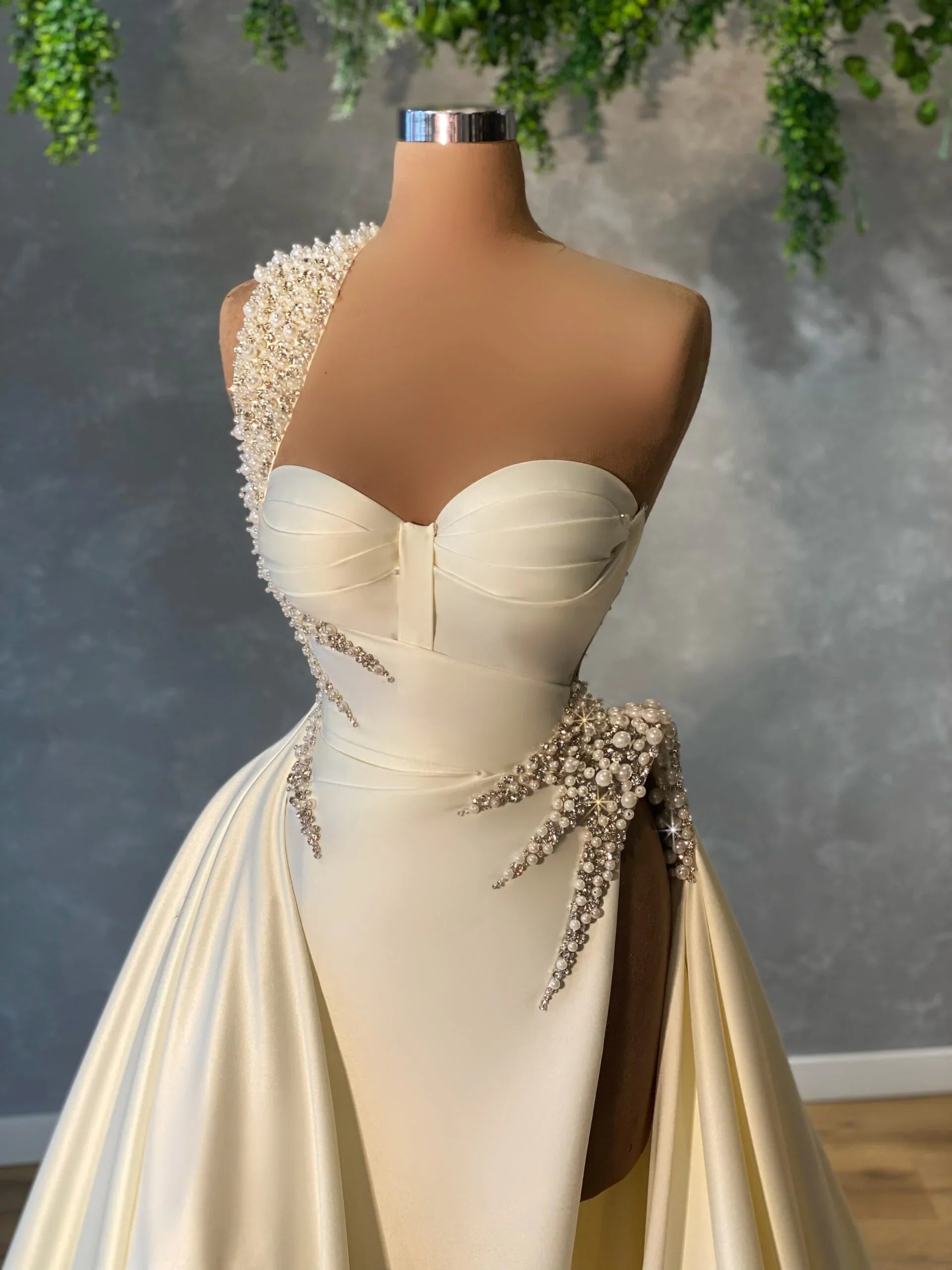 One Shoulder Pearls Satin Bridal Gown evening dress gh2567