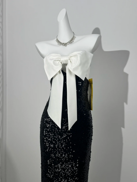 Strapless Dress with Bow Neckline, White & Black Sequin, Sexy Fitted Waist Slim Prom & Evening Gown gh7230