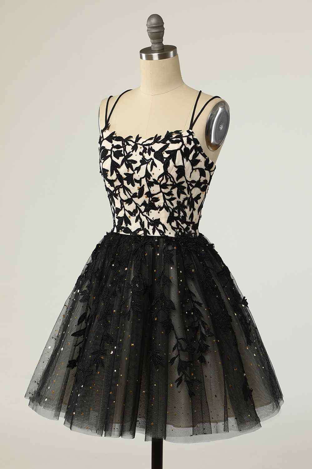 Black A-line Double Spaghetti Straps Lace-Up Applique Mini Homecoming Dress