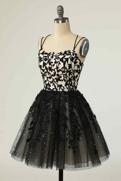 Black A-line Double Spaghetti Straps Lace-Up Applique Mini Homecoming Dress