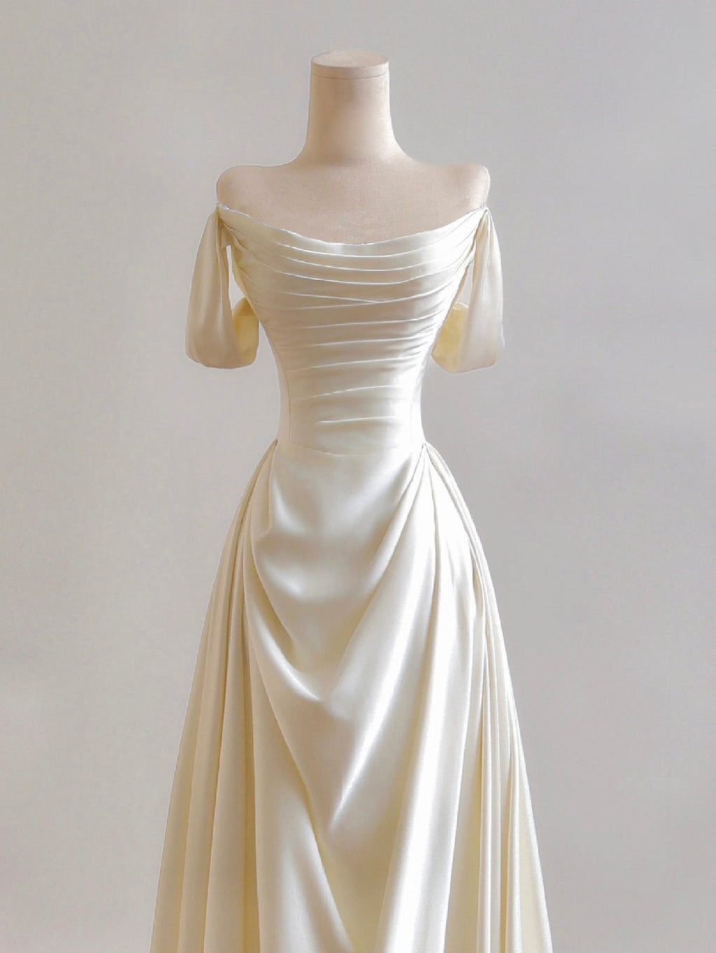 A-Line Off Shoulder Ruched Satin Wedding Dress Long Formal Dresses
