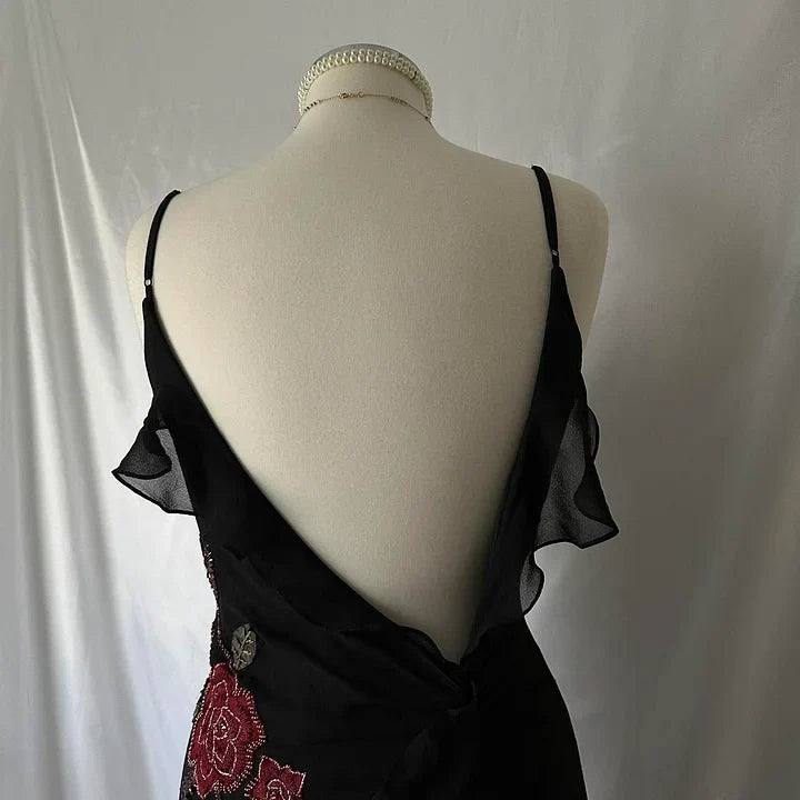 Black gorgeous tight strapless exquisite red rose floral beaded long tulle ball gown evening dress gh3157