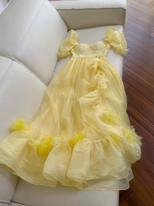 Classy A Line Yellow Long Prom Dress Ruffle Off-the-shoulder Graduation Outfit