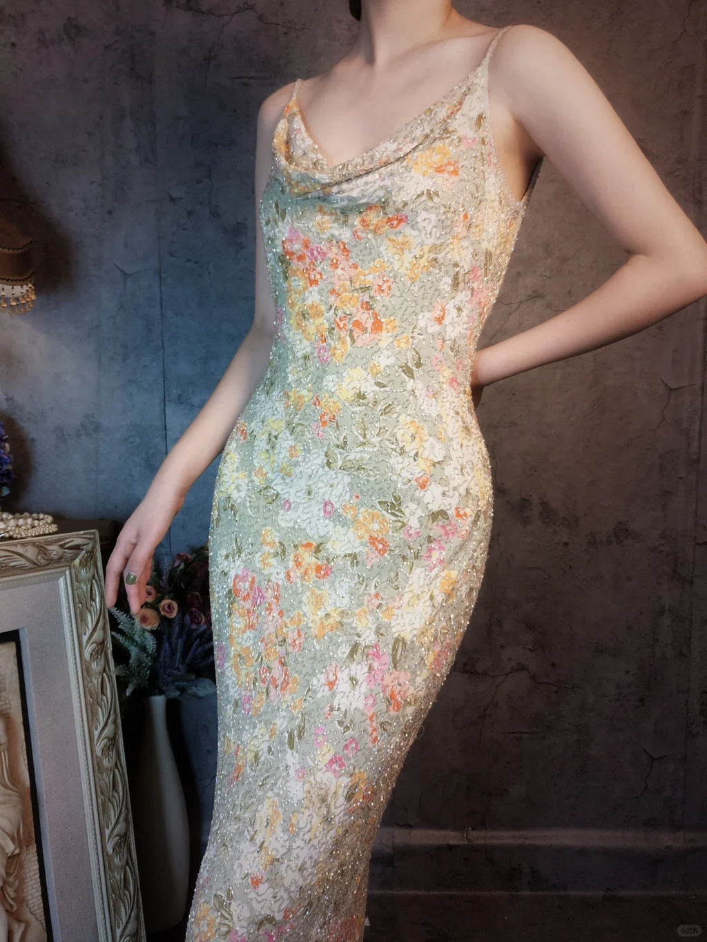Vintage Floral Spaghetti Strap Sparkling Beaded Design Romantic Chiffon Evening Dress Prom Dress TP4027