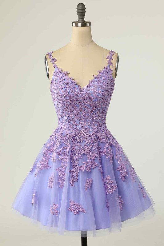 A-line V Neck Lace-Up Applique Mini Homecoming Dress