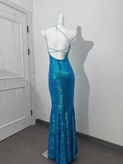 Lake Blue Sequin Spaghetti Strap Sexy Fitted Waist Bodycon Prom & Evening Dress gh7231
