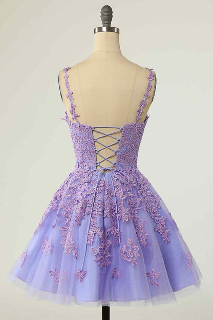 A-line V Neck Lace-Up Applique Mini Homecoming Dress