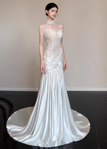 Elegant White Mermaid Halter Neck Lace Satin Train Wedding Dress P4450