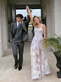 Light purple tulle lace long prom dress purple evening dress