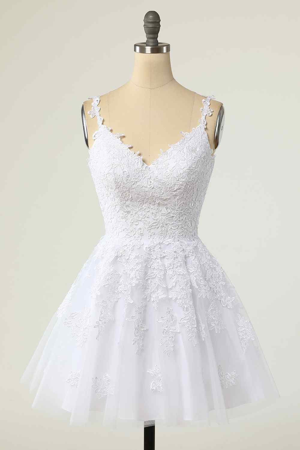 A-line V Neck Lace-Up Applique Mini Homecoming Dress