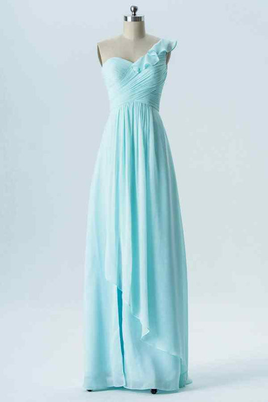 Caribbean A-line One Shoulder Ruffle Pleated Chiffon Long Bridesmaid Dress