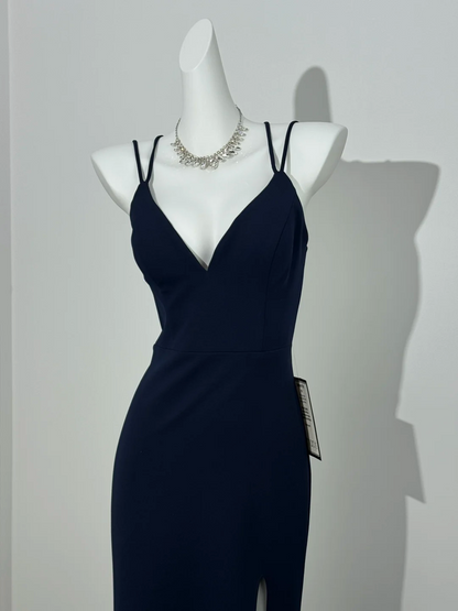 Navy Blue Spaghetti Strap V-Neck Fitted Waist Slim Slit Sexy Prom & Evening Dress gh7232